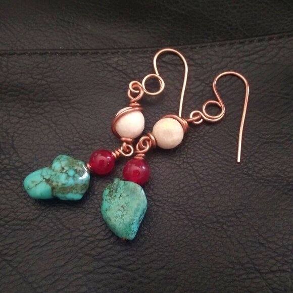 One-of-a-Kind! Beaded + Wire Wrapped Dangle Earrings! Turquoise Red Cream Copper - Picture 2 of 12